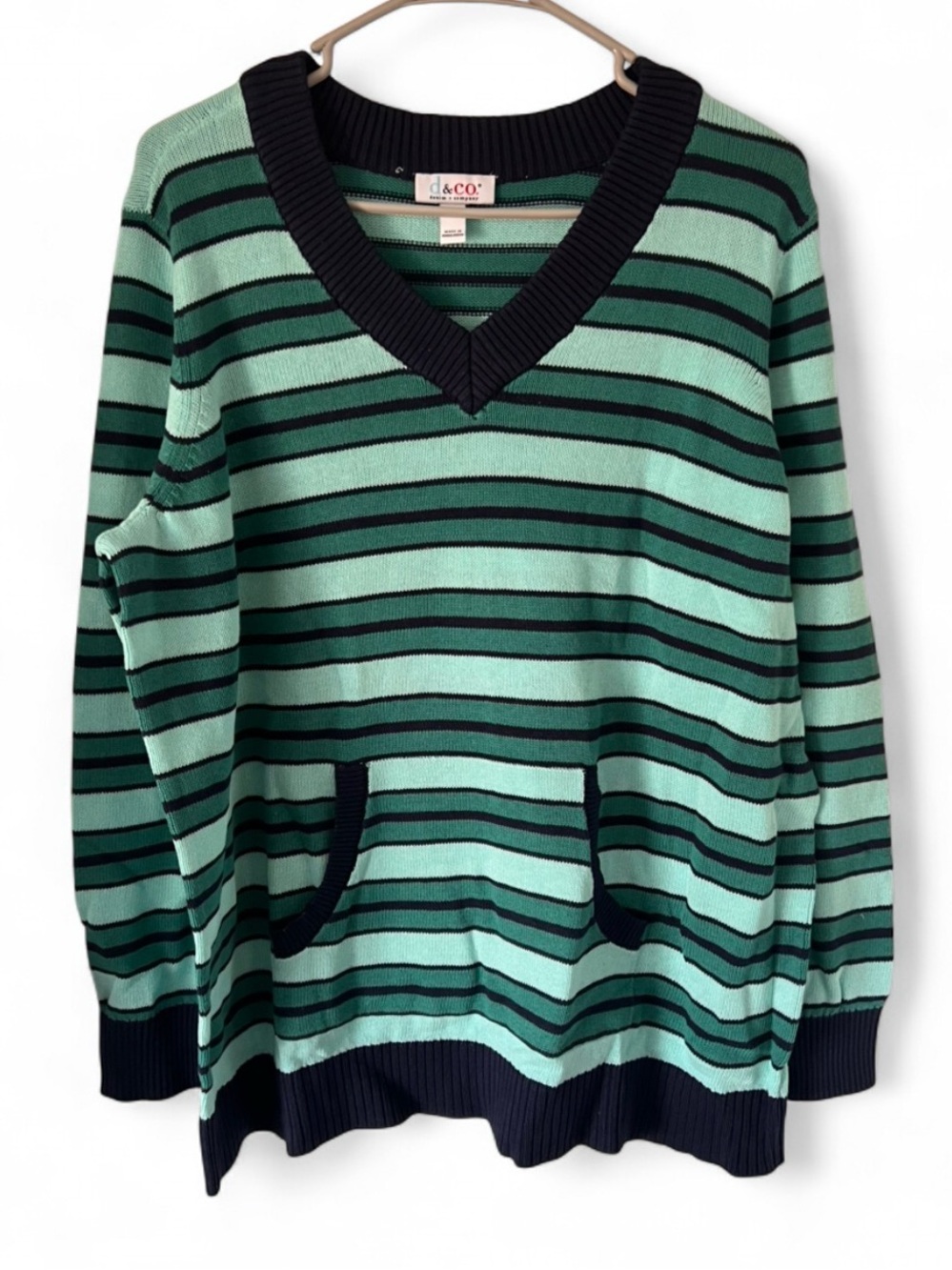 d&CO Striped V-Neck Sweater in Mint and Navy